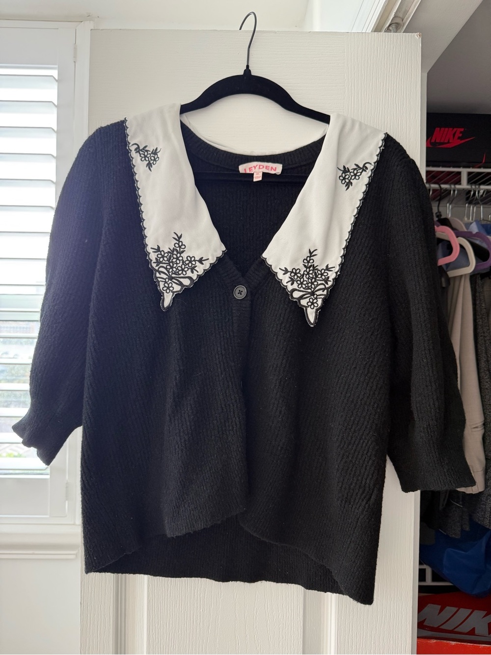 Leyden Black Knit Cardigan with White Embroidered Peter Pan Collar